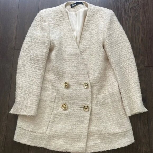 ZARA Metallic ECRU Gold Textured Tweed Double Breasted Frock Blazer - Picture 13 of 13